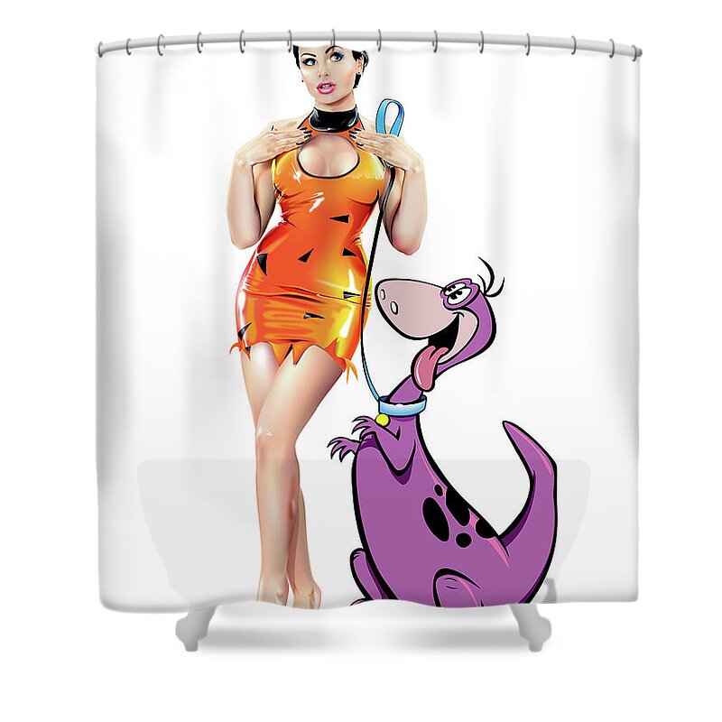 Pin-up Shower Curtain featuring the digital art Pin-up Pebbles and Dino by Brian Gibbs