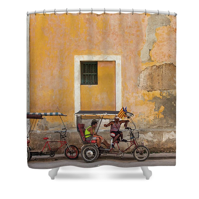 Pedicabs At Convento De Santa Clara Havana Cuba Photography By Charles Harden Adobe Stucco Wall Ruins Shower Curtain featuring the photograph Pedicabs at Convento de Santa Clara Havana Cuba by Charles Harden