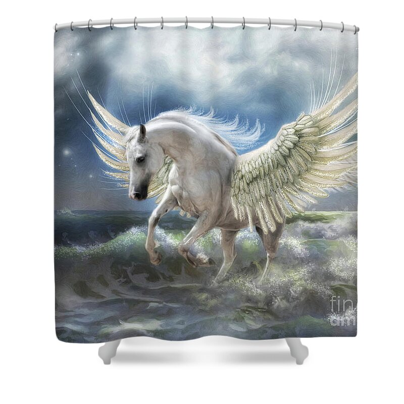 Pegasus Shower Curtain featuring the digital art Pegasus Rising by Trudi Simmonds
