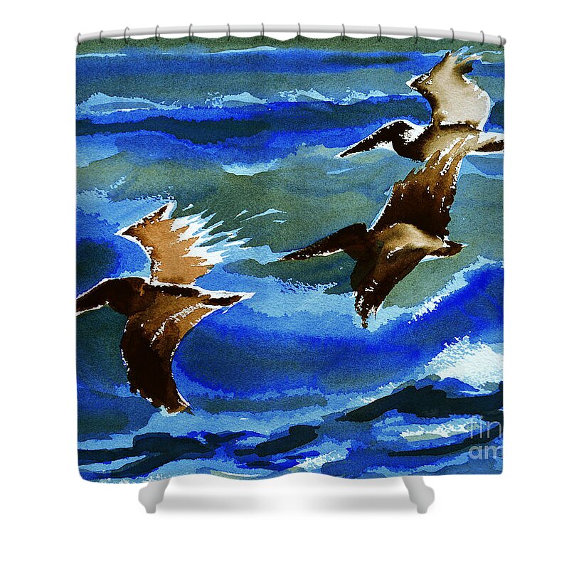 Beach Watercolors Shower Curtain featuring the painting Pelican flight 10-15-15 by Julianne Felton
