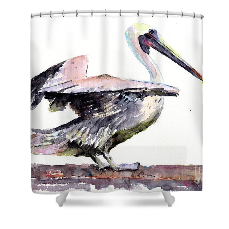 Pelican Shower Curtain featuring the painting Pelican Landing by Claudia Hafner