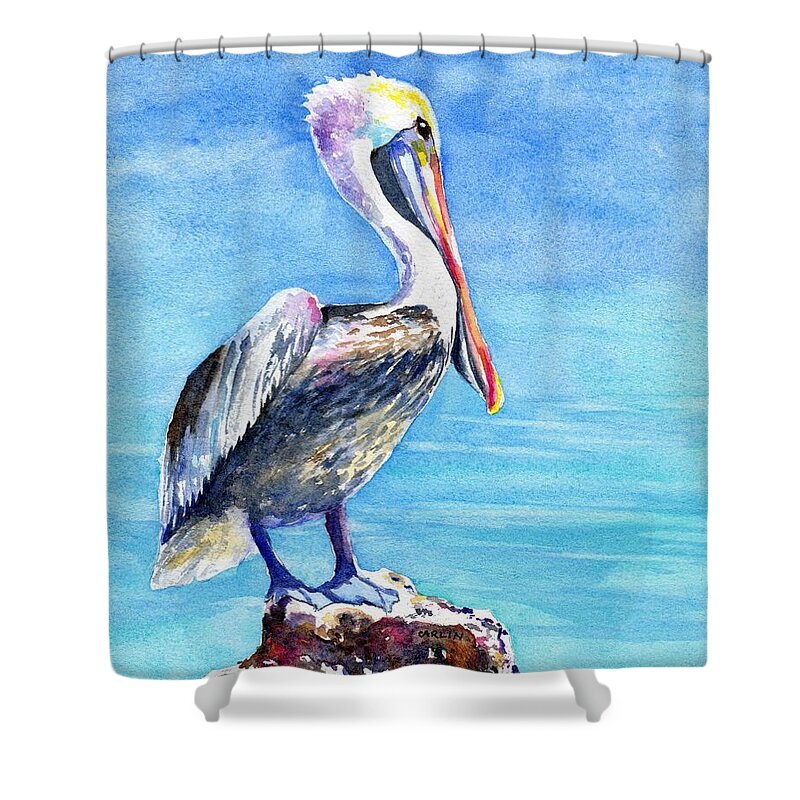 Pelican Shower Curtain featuring the painting Pelican on a Post by Carlin Blahnik CarlinArtWatercolor