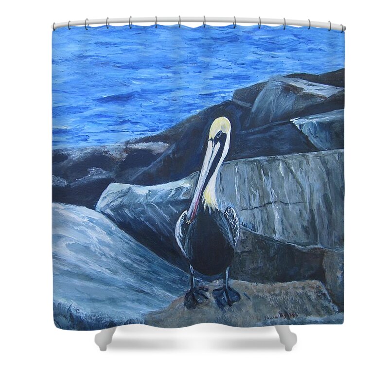 Pelican Shower Curtain featuring the painting Pelican On The Rocks by Paula Pagliughi