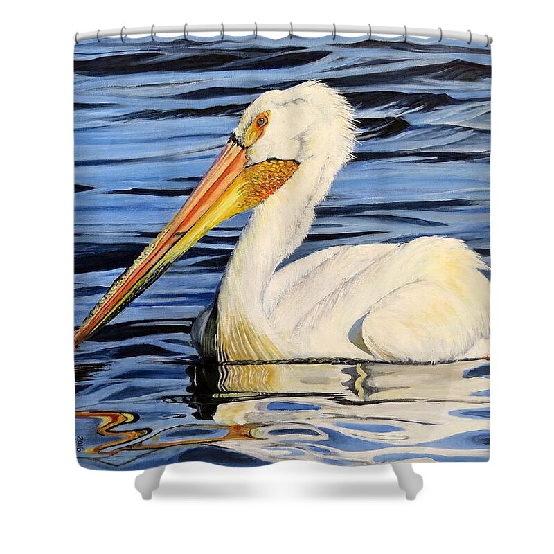 Manigotagan Shower Curtain featuring the painting Pelican Posing by Marilyn McNish