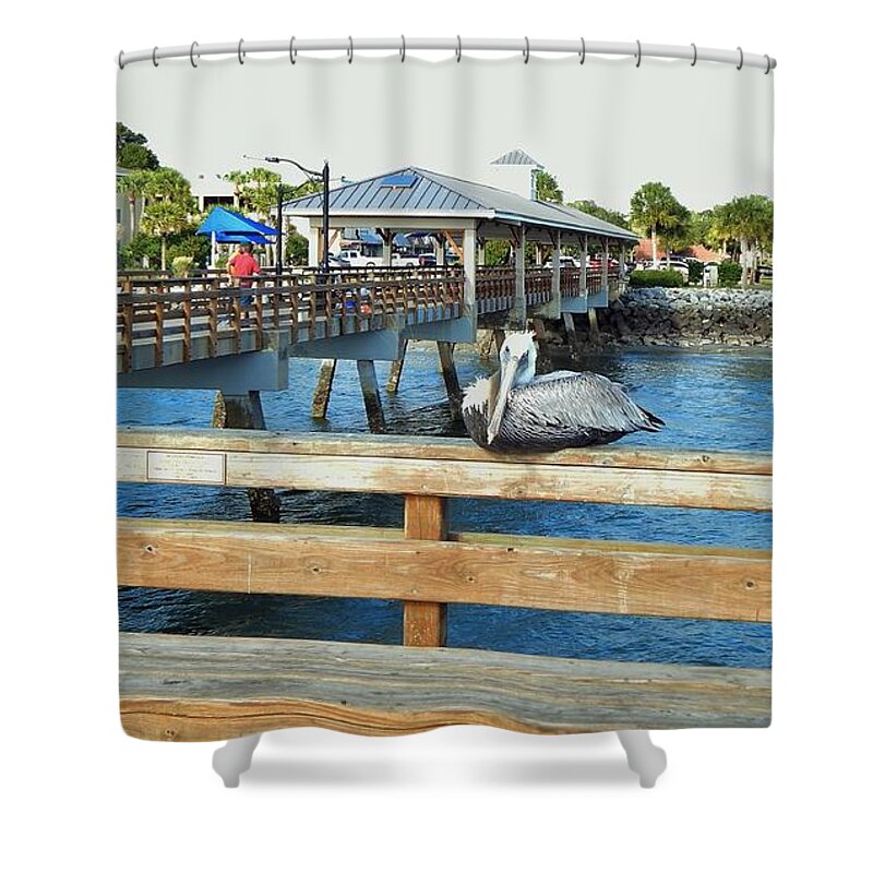 Travel Shower Curtain featuring the photograph Pelican Roost At Pier by Jan Gelders