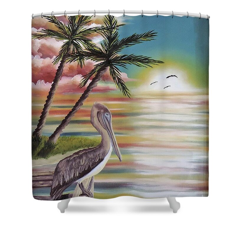 Florida Shower Curtain featuring the painting Pelican Sunset by Dianna Lewis
