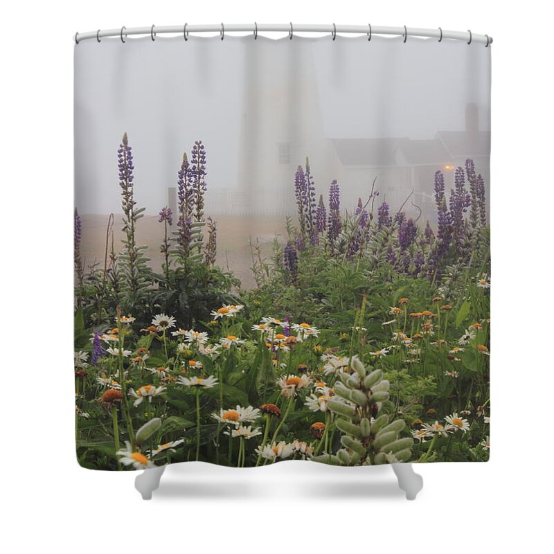 Lighthouse Shower Curtain featuring the photograph Pemaquid Point Lighthouse Lupines and Flowers in Fog by John Burk
