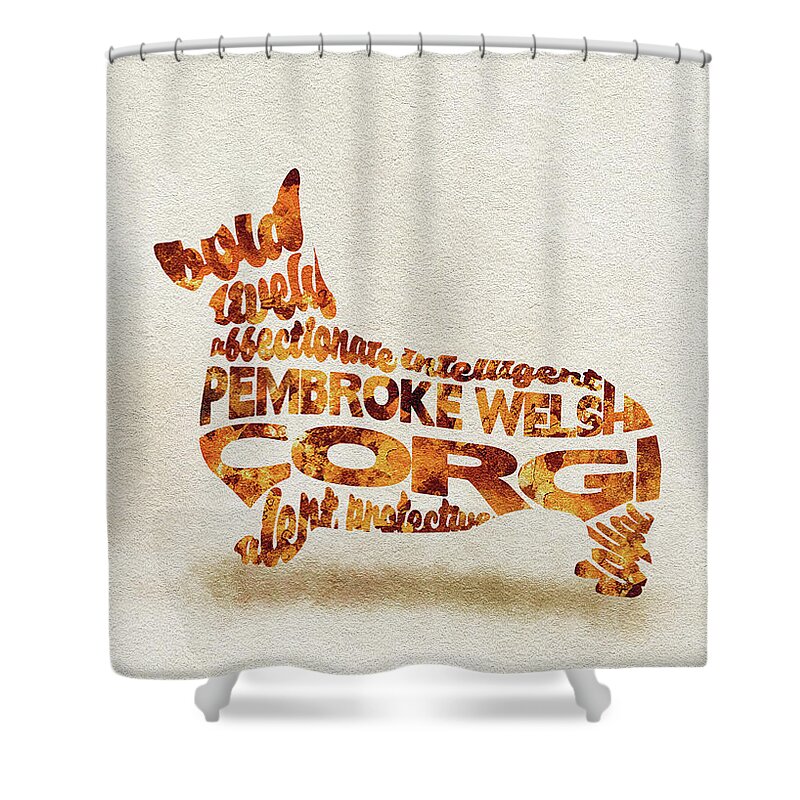 Pembroke Welsh Corgi Shower Curtain featuring the painting Pembroke Welsh Corgi Watercolor Painting / Typographic Art by Inspirowl Design