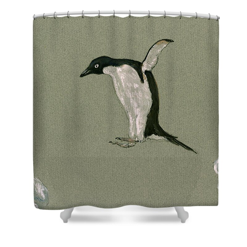 Penguin Art Shower Curtain featuring the painting Penguin jumping by Juan Bosco