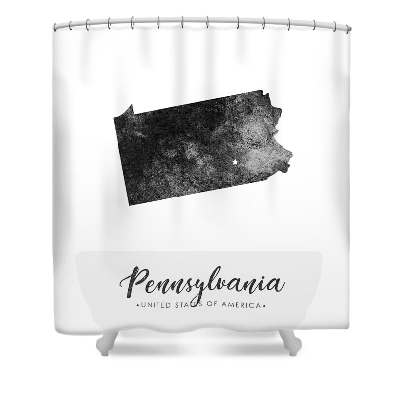 Pennsylvania Shower Curtain featuring the mixed media Pennsylvania State Map Art - Grunge Silhouette by Studio Grafiikka