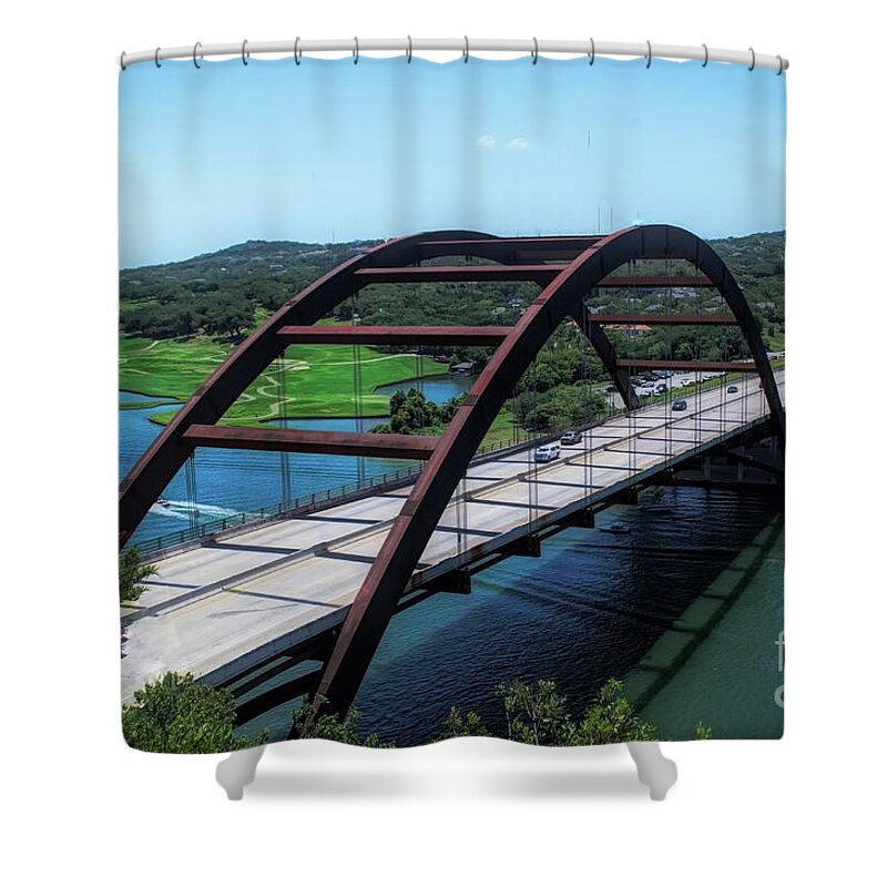 360 Bridge Shower Curtain featuring the photograph PennyBacker Bridge Austin Texas by Luther Fine Art