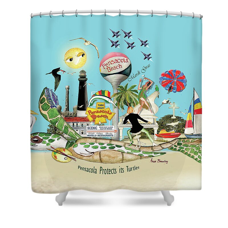 Pensacola Icons Shower Curtain featuring the painting Pensacola Protects its Turtles by Anne Beverley-Stamps