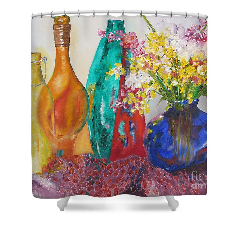 Still Life Shower Curtain featuring the painting Pentallegro, the Happy Five by Lisa Boyd