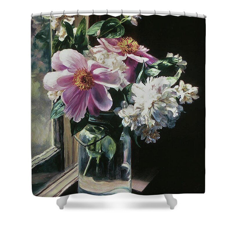 Peonies Shower Curtain featuring the painting Peonies in Ball Jar by Marie Witte