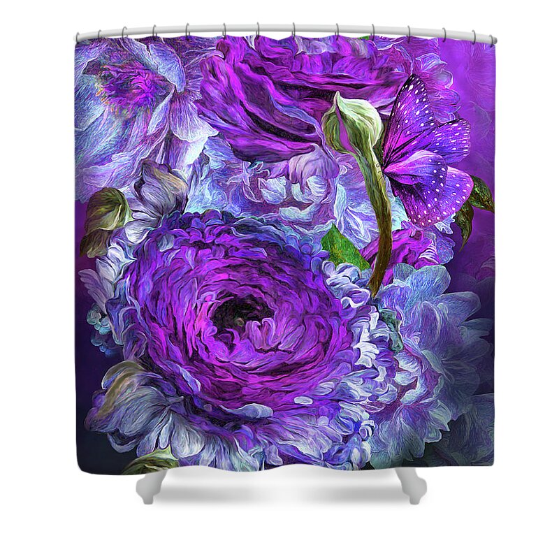 Carol Cavalaris Shower Curtain featuring the mixed media Peonies In Lavenders by Carol Cavalaris