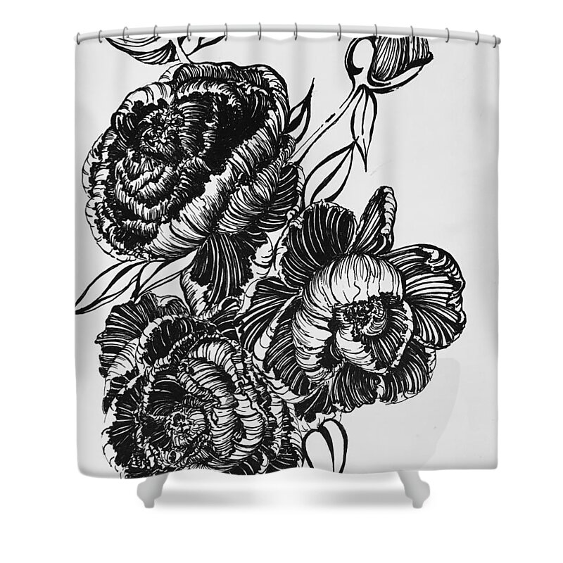  Pan Shower Curtain featuring the drawing Peonies Line Drawing by Mastiff Studios