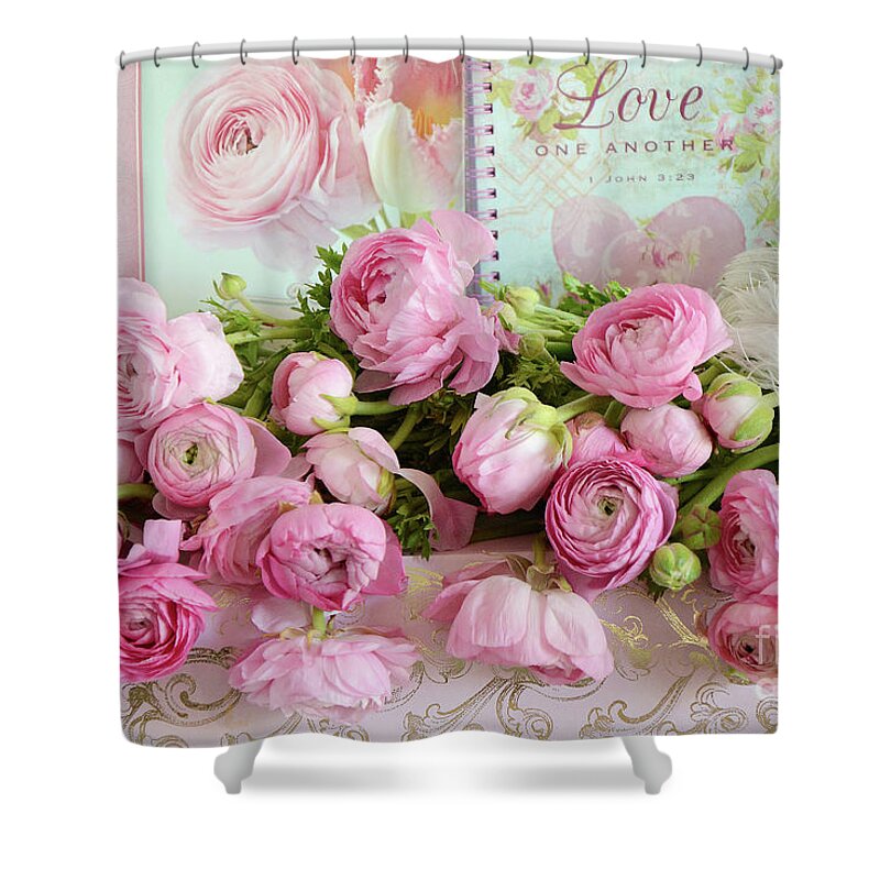 Ranunculus Shower Curtain featuring the photograph Peonies Ranunculus Roses Shabby Chic Cottage Love - Pink Floral Cottage Home Decor by Kathy Fornal