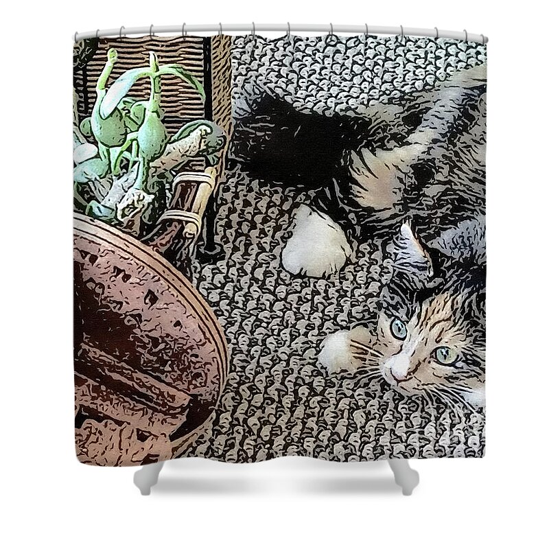 Cat Shower Curtain featuring the digital art It's OK. It's just you being you... by Deb Nakano