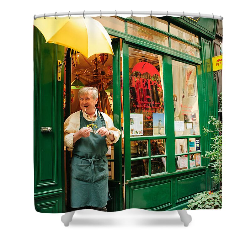 Paris Shower Curtain featuring the photograph Pep's Umbrella Repair Shop by Roberta Kayne