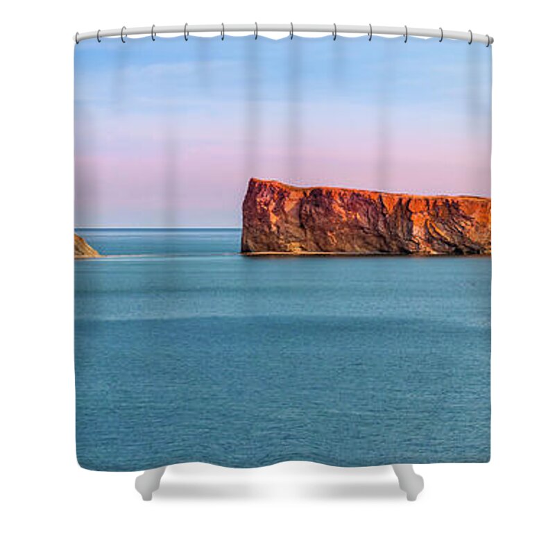Perce Rock Shower Curtain featuring the photograph Perce Rock panorama at sunset by Elena Elisseeva