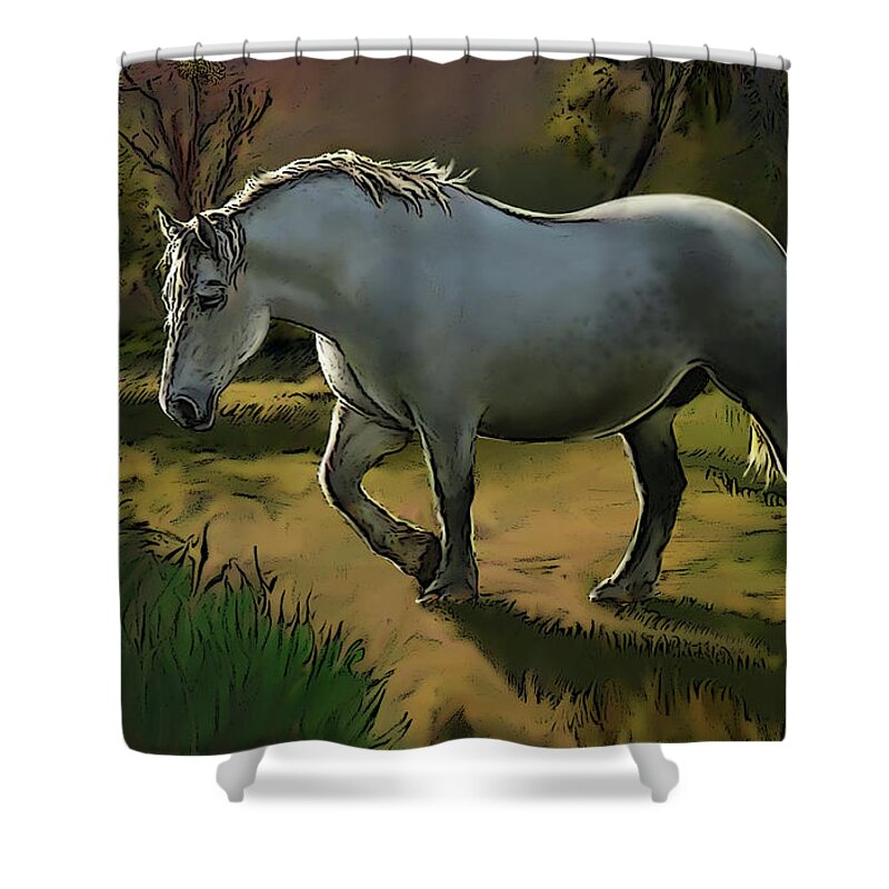 Horse Shower Curtain featuring the painting Lonely horse by Christian Simonian