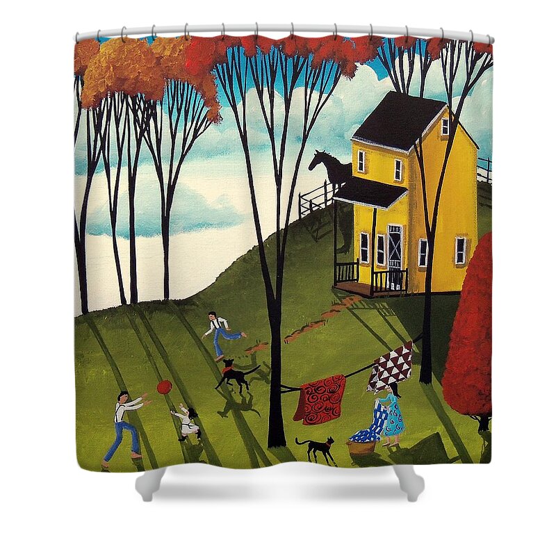 Art Shower Curtain featuring the painting Perfect Day - folk art country landscape by Debbie Criswell