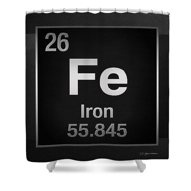 ‘the Elements’ Collection By Serge Averbukh Shower Curtain featuring the digital art Periodic Table of Elements - Iron - Fe on Black Canvas by Serge Averbukh