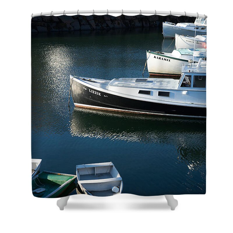 Perkins Cove Shower Curtain featuring the photograph Perkins Cove Lobster Boats One by Paul Gaj