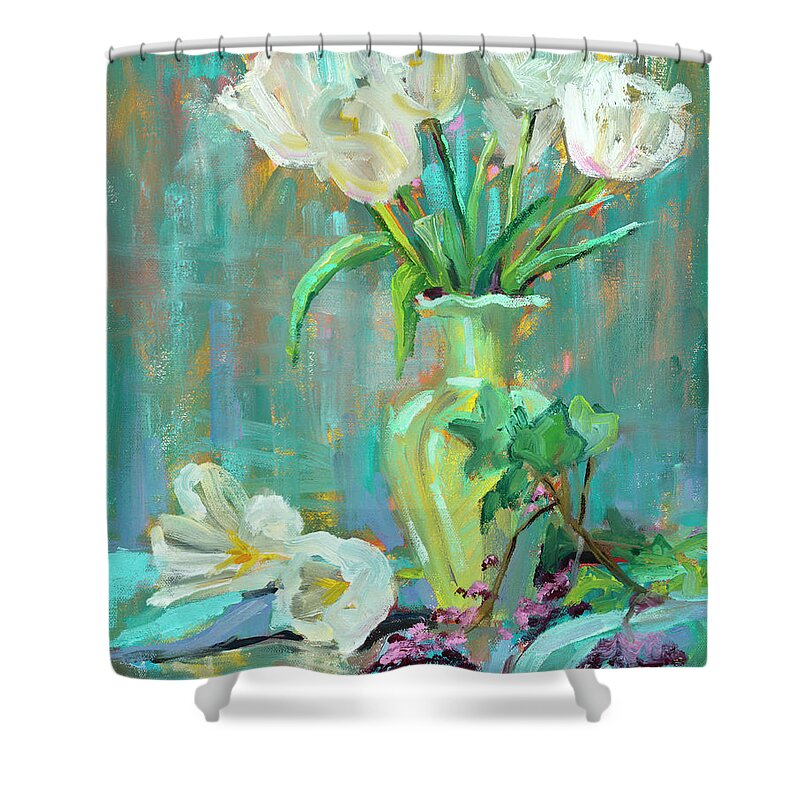 Tulips Shower Curtain featuring the painting Perky Blue by Marie Massey
