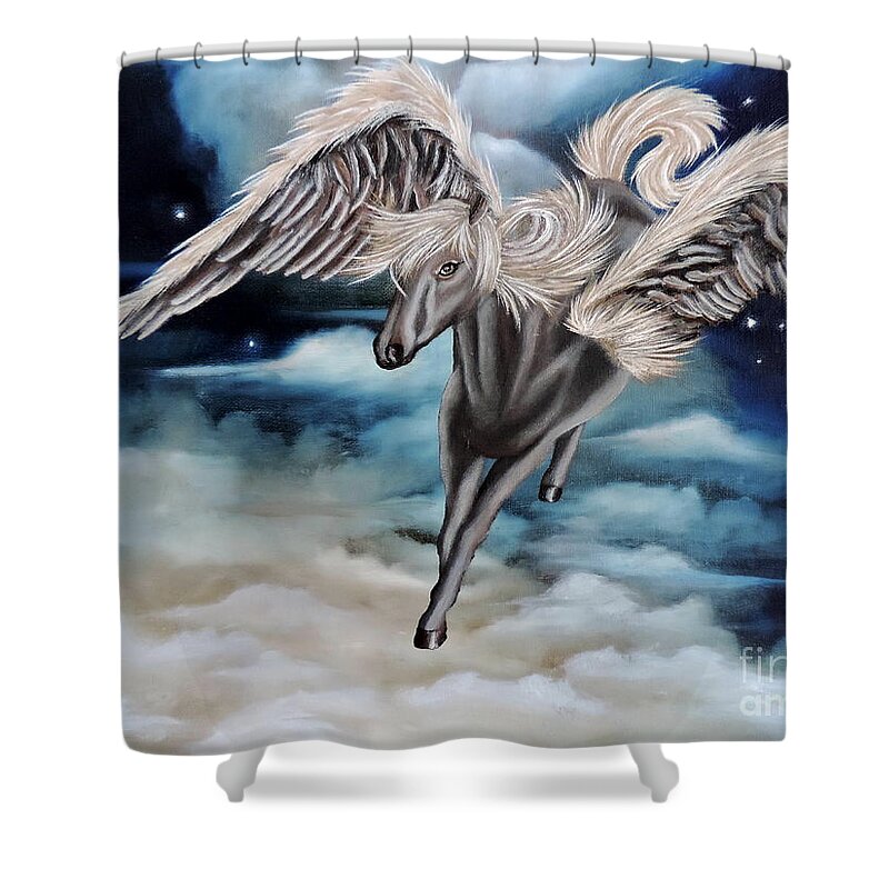 Blues Shower Curtain featuring the painting Perseus The Pegasus by Dianna Lewis