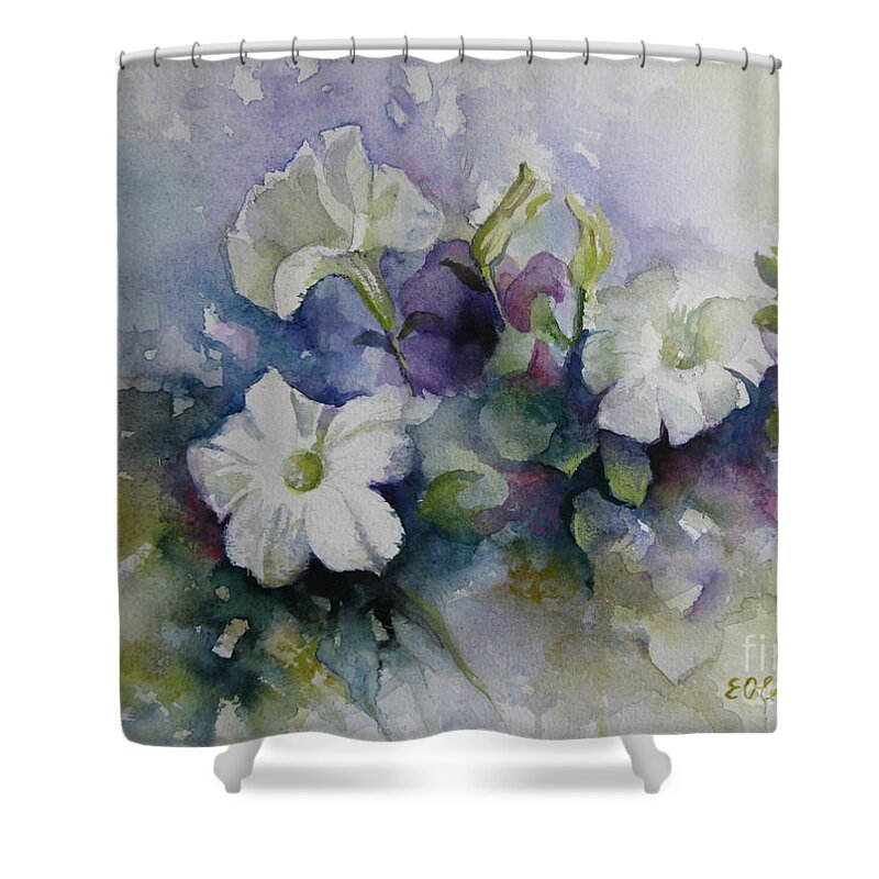 Petunias Shower Curtain featuring the painting Petunias in summer by Elena Oleniuc