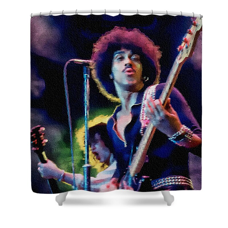 Thin Lizzy Shower Curtain featuring the painting Phil Lynott - Thin Lizzy by Ian Gledhill
