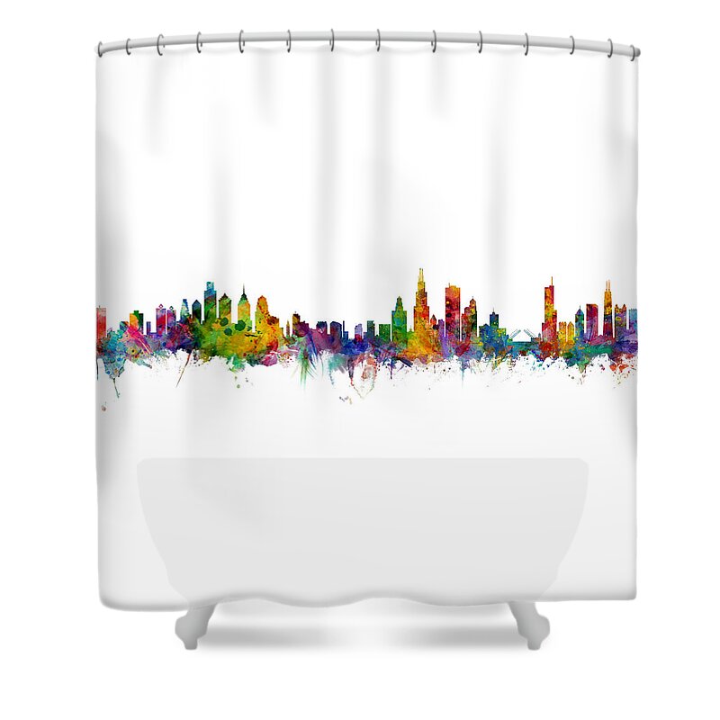 Chicago Shower Curtain featuring the digital art Philadelphia and Chicago Skylines Mashup by Michael Tompsett
