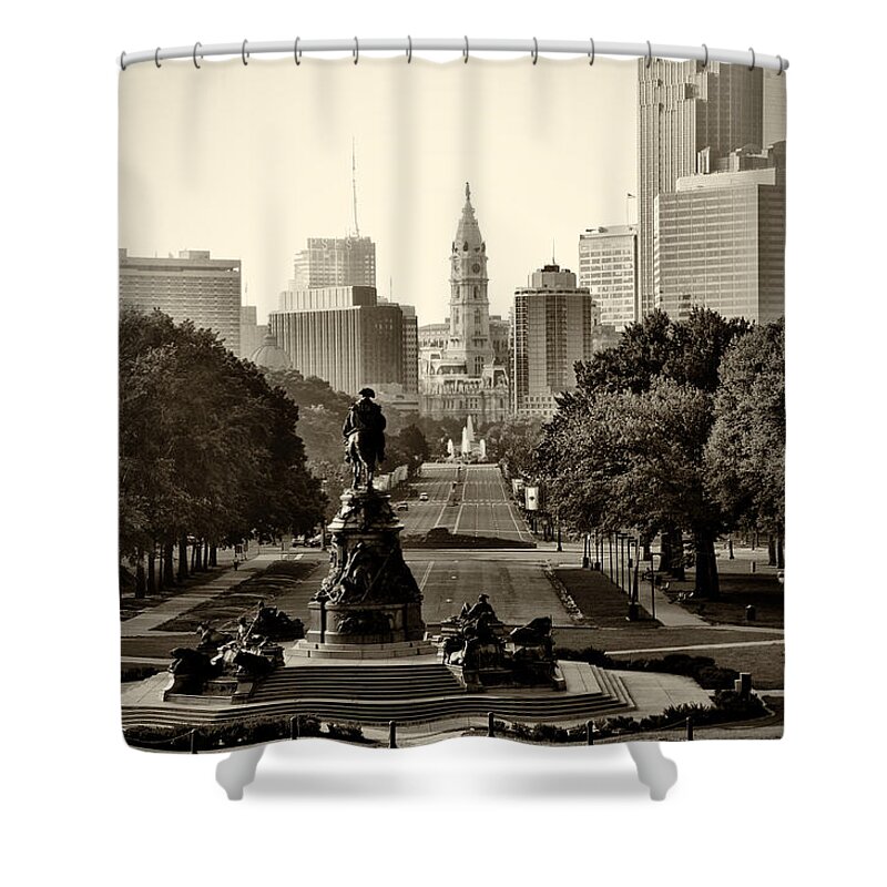 Philadelphia Shower Curtain featuring the photograph Philadelphia Benjamin Franklin Parkway in Sepia by Bill Cannon