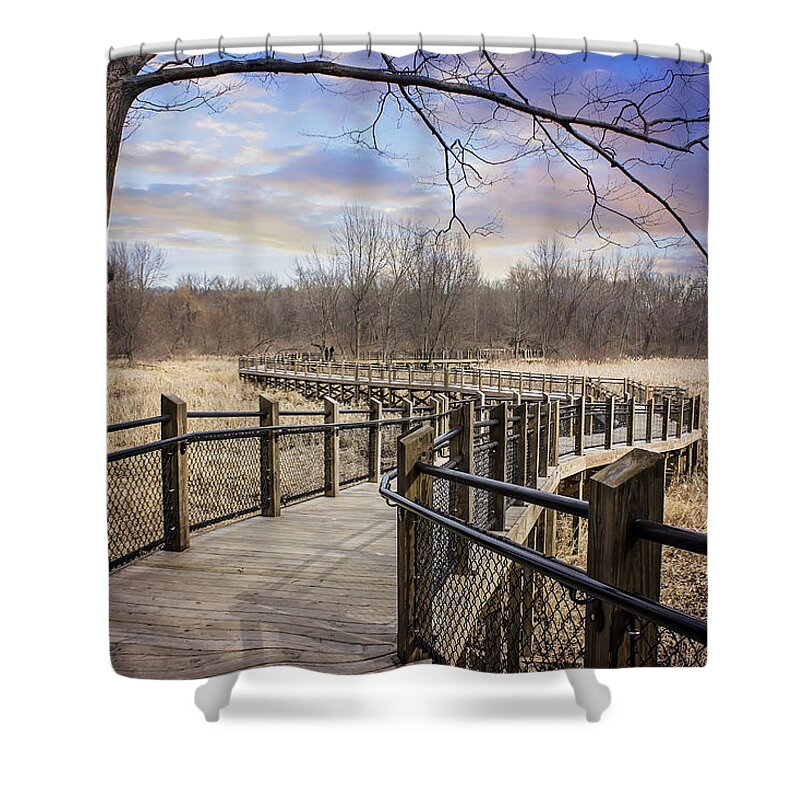 Phinizy Shower Curtain featuring the photograph Phinizy Boardwalk by Tammy Chesney
