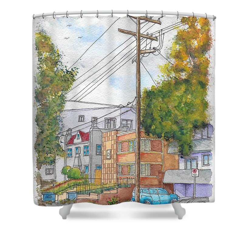 Hollywood Shower Curtain featuring the painting Phole pole in Hawthorn and Fuller, Hollywood, California by Carlos G Groppa