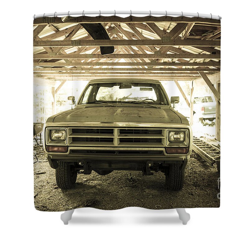 Pickup Shower Curtain featuring the digital art Pick up truck in rural farm setting by Perry Van Munster