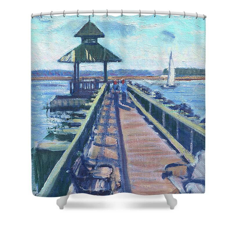 Pier On Calibogue Shower Curtain featuring the painting Pier on Calibogue Sound by Candace Lovely