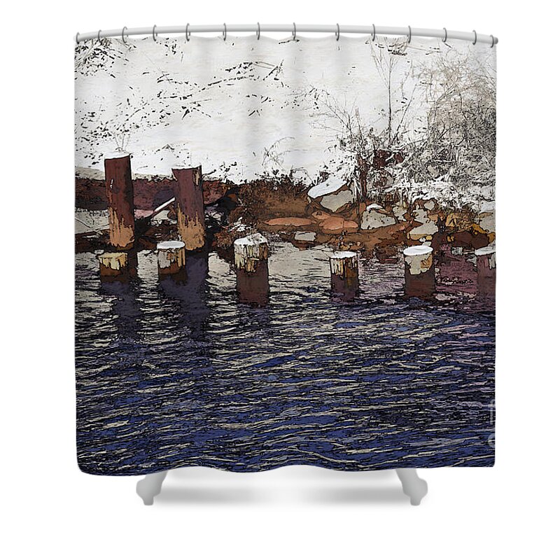 River Shower Curtain featuring the digital art Pier Piles by David Blank
