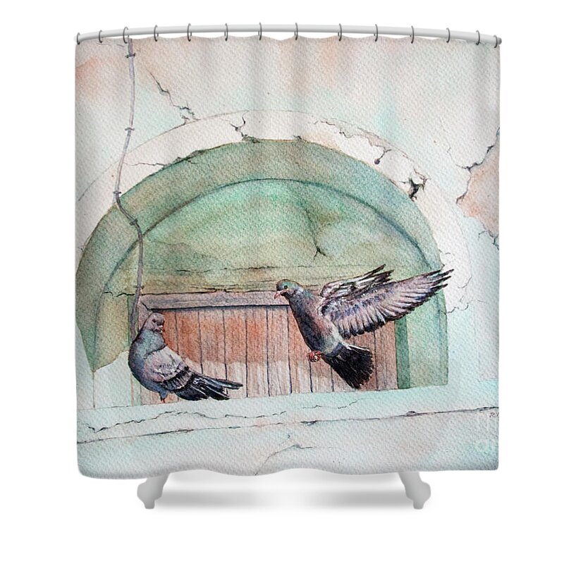 Pigeon Shower Curtain featuring the painting Pigeon Perch by Rebecca Davis