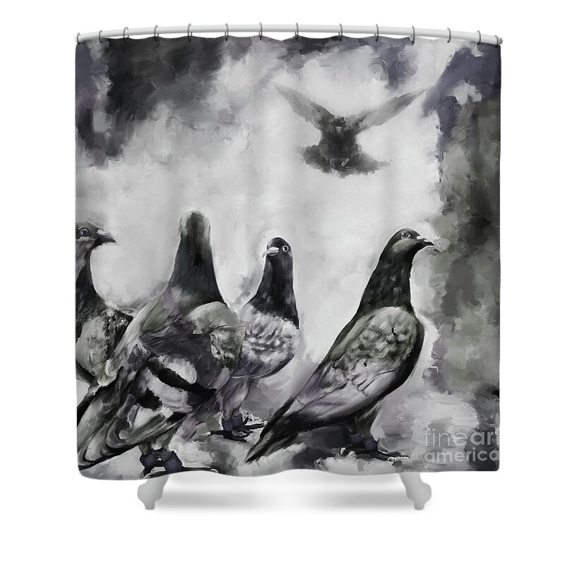 Birds Shower Curtain featuring the painting Pigeons BW by Gull G