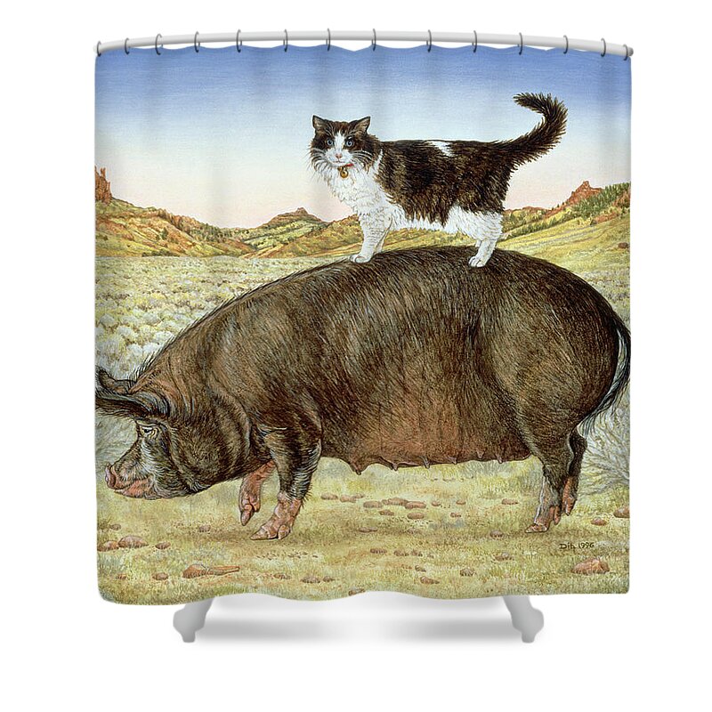 Pig Shower Curtain featuring the painting Piggyback-Riding at Breteche Creek by Ditz