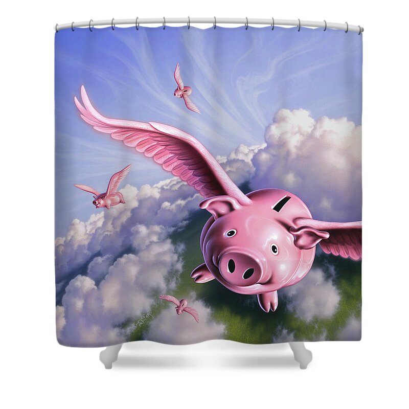 Pigs Shower Curtain featuring the painting Pigs Away by Jerry LoFaro