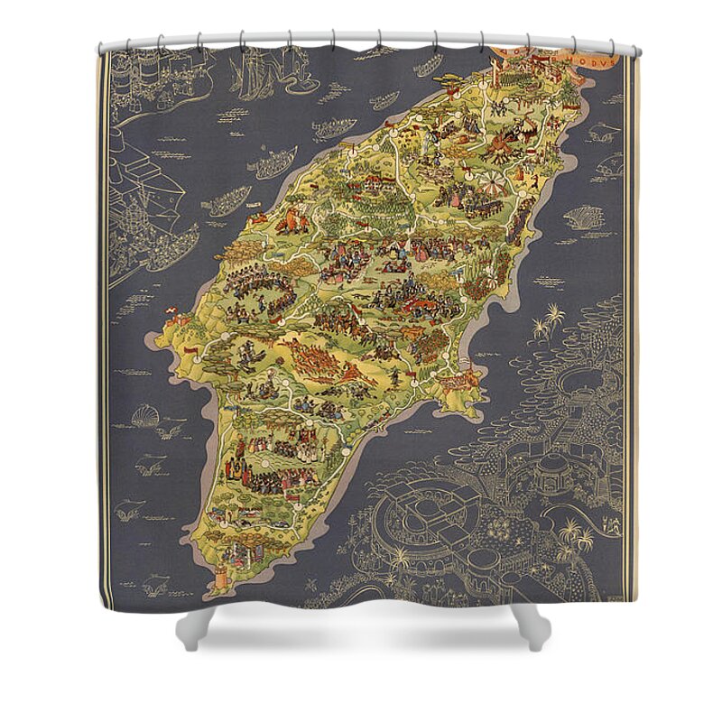 Islands Of Rhodes Shower Curtain featuring the mixed media Piictorial Map of the Island of Rhodes - Rose Island - Island of the sun - Antique Map by Studio Grafiikka