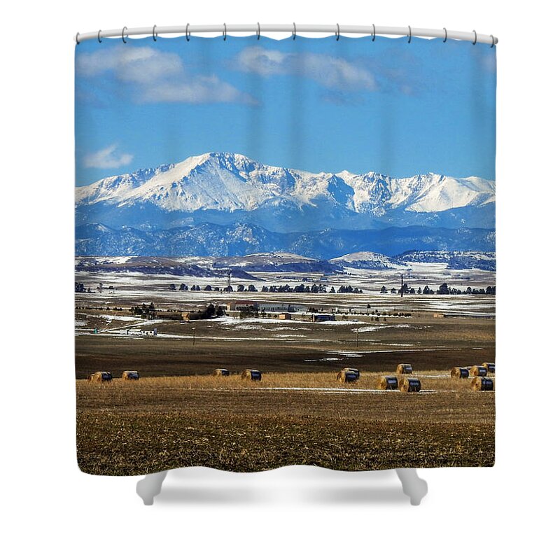 Colorado Shower Curtain featuring the photograph Pikes Peak and Hay Bales by Dawn Key