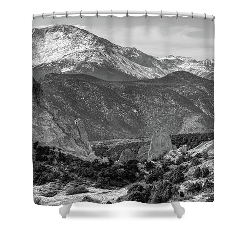 America Shower Curtain featuring the photograph Pikes Peak Panorama - Garden of the Gods - Colorado Springs - Black and White by Gregory Ballos