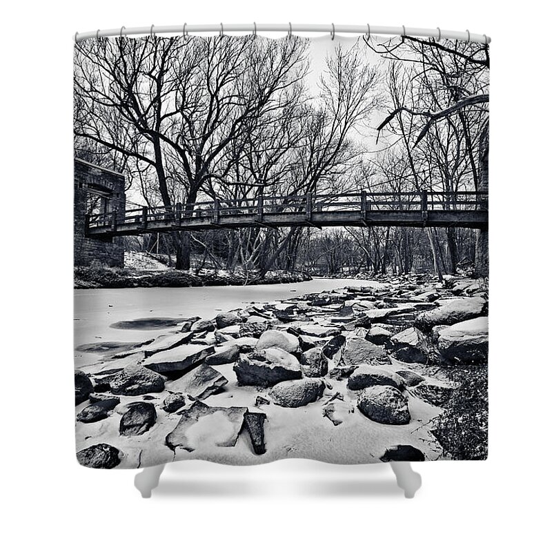 Canon Ef 17-40mm F/4.0 L Usm Shower Curtain featuring the photograph Pillars on the Shore by CJ Schmit
