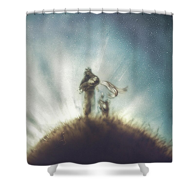 The Little Prince Shower Curtain featuring the painting Pilot, Little Prince and Fox by Elena Vedernikova