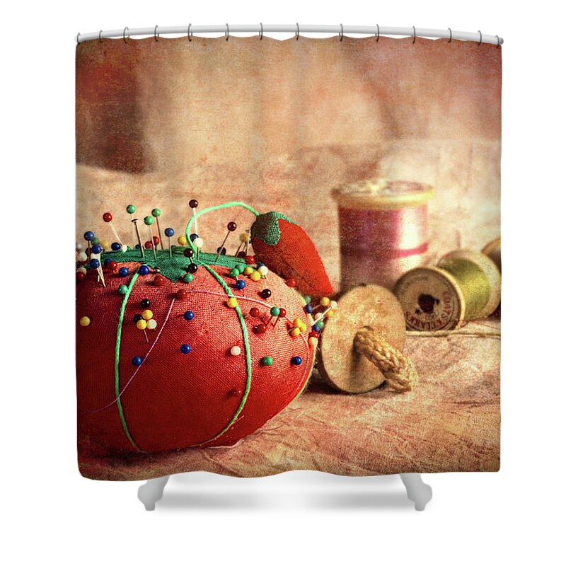 Sew Shower Curtain featuring the photograph Pin Cushion and Wooden Thread Spools by Tom Mc Nemar