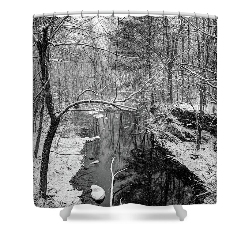 Snow Shower Curtain featuring the photograph Pine Reflection on the Sheepscot by John Meader